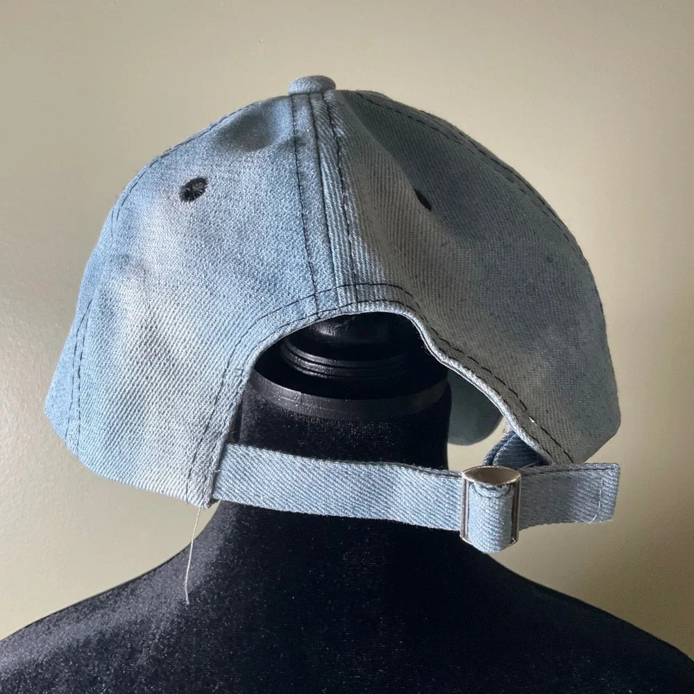 Y2K Bling Rhinestone LOVE Lips Denim Baseball Cap LightWash Studded Jean Dad Hat